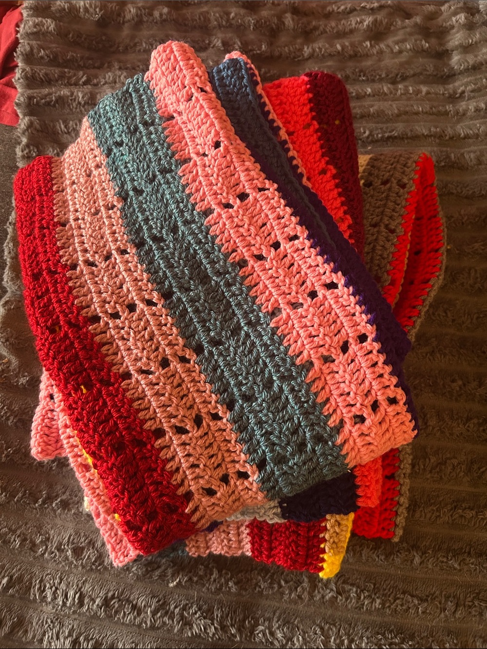 3 Bundles BabyHandmade Multicolor Crochet Throw Blanket - Pink, Red, Teal Stripe